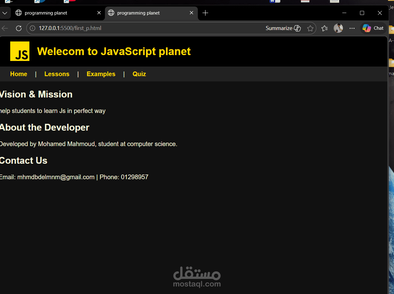 تطوير موقع تعليمي بسيط لتعلم JavaScript باستخدام HTML وCSS وJS
