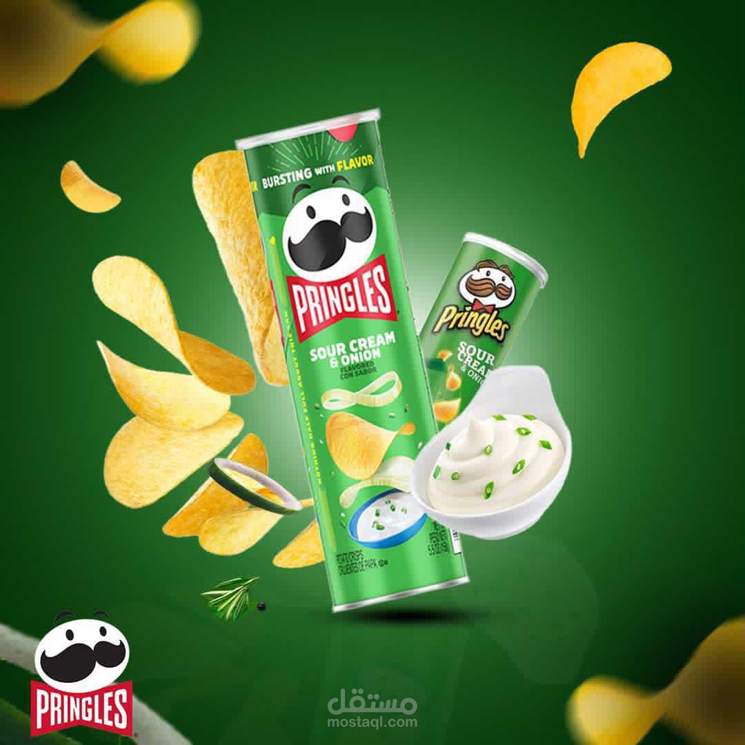 تصميم إعلان احترافي لمنتج Pringles بأسلوب بصري جذاب يبرز النكهة