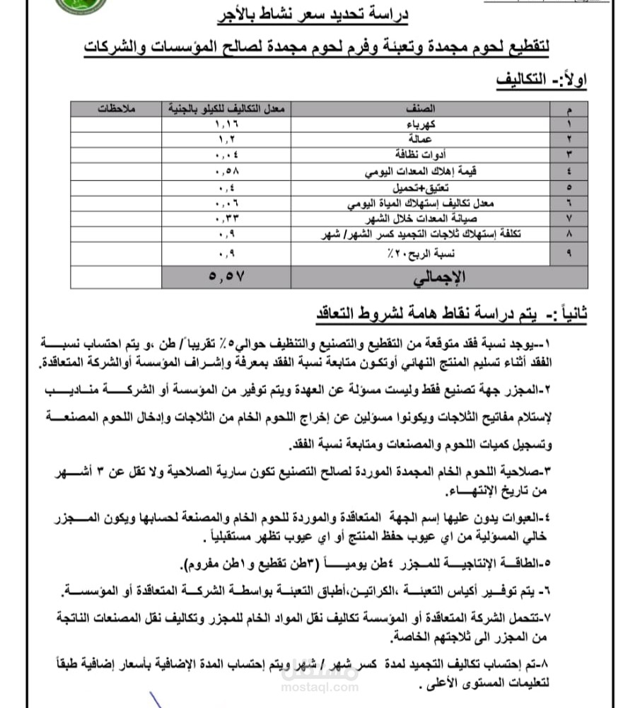 ملف وورد دراسة جدوى تقطيع وفرم لحوم مجمدة