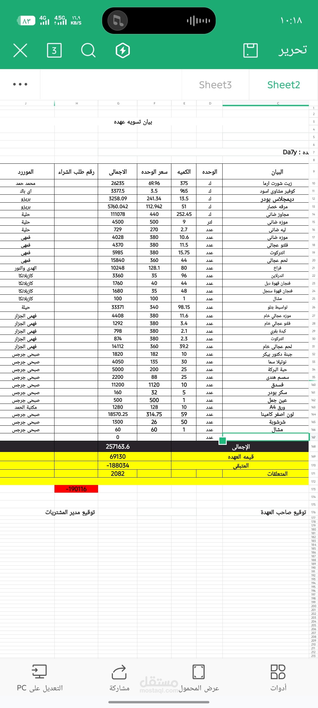 شيت تقرير مشتريات يومي مفصل