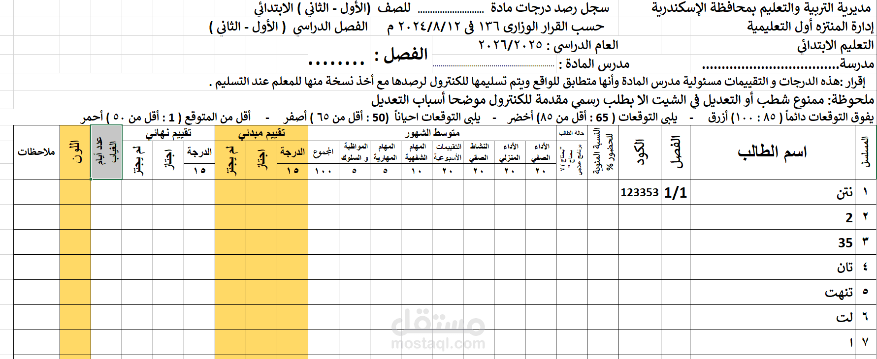 اعمال السنة للصف الاول والثاني بمصر