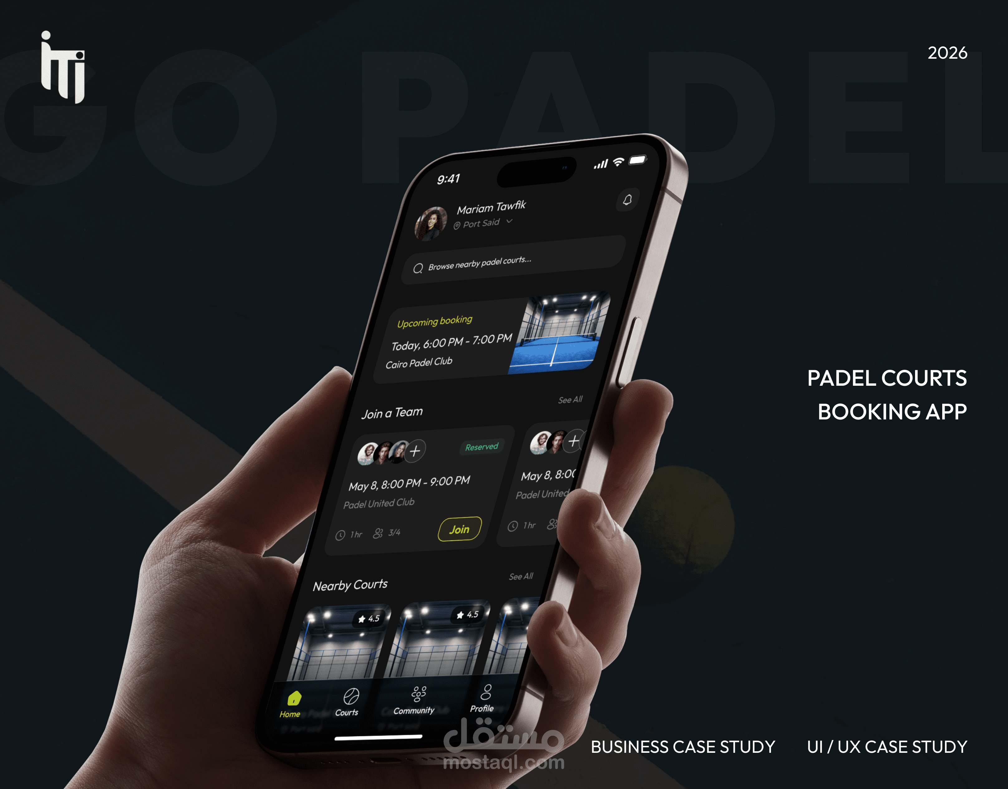 تصميم تطبيق موبايل يسمي GO PADEL لحجز ملاعب رياضة البادل باستخدام فيجما