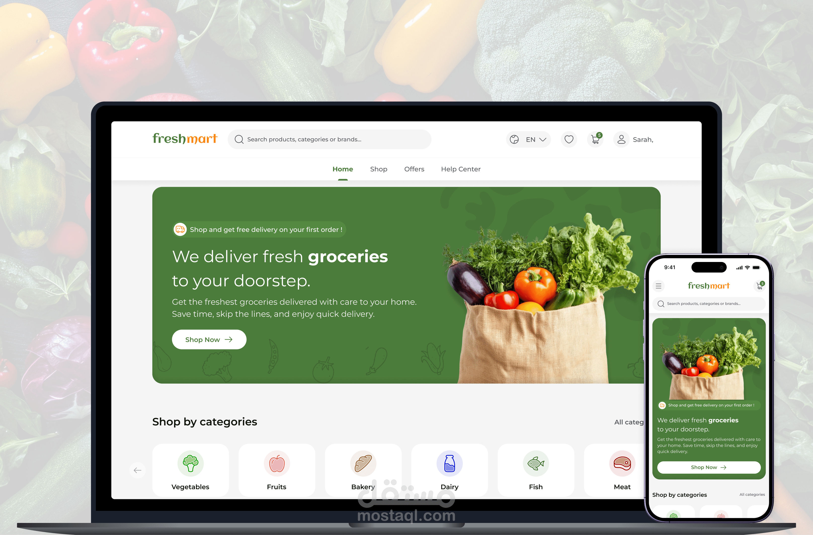 تصميم موقع الكتروني تجاري يسمي  Fresh Mart لبيع منتجات البقالة باستخدام Figma