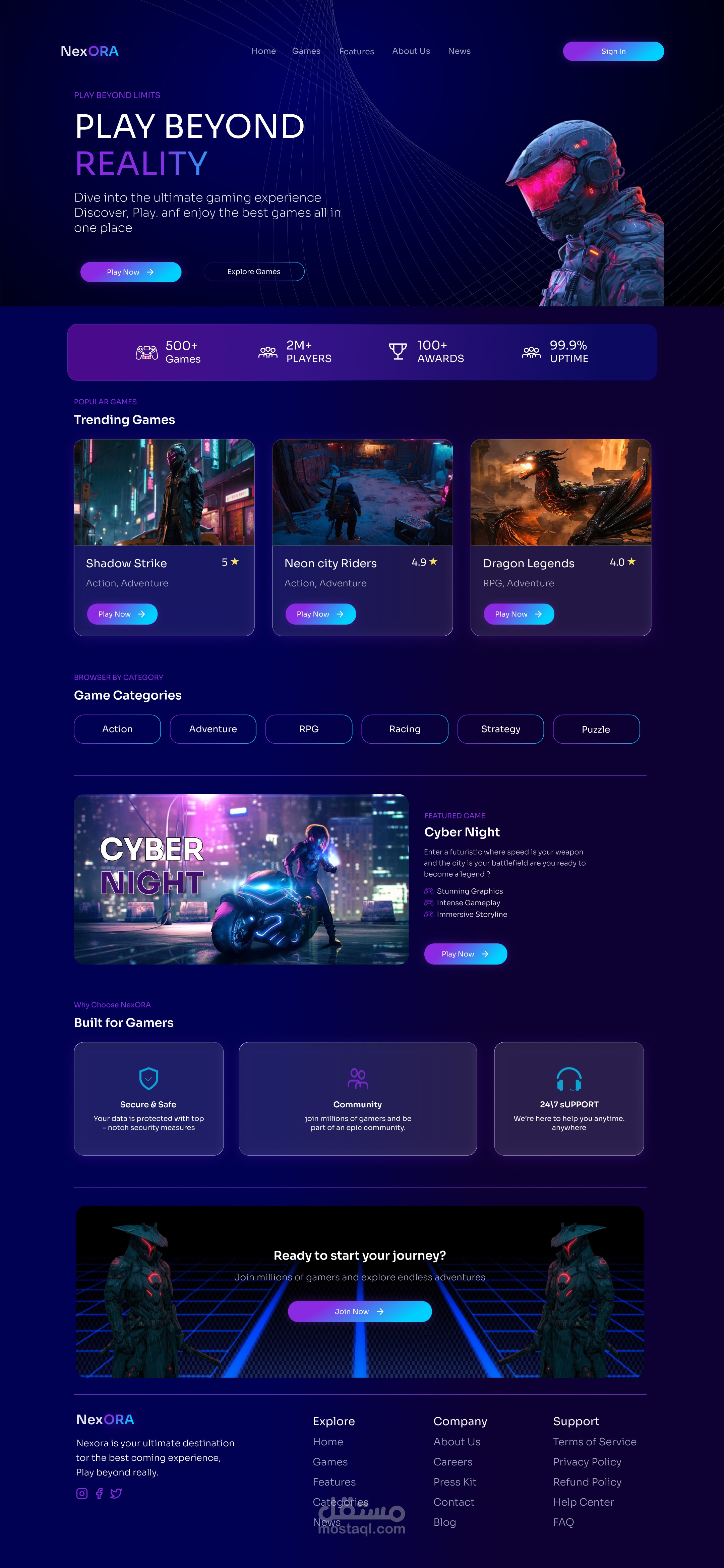 تصميم صفحة هبوط (Landing Page) احترافية لمنصة ألعاب - Nexora