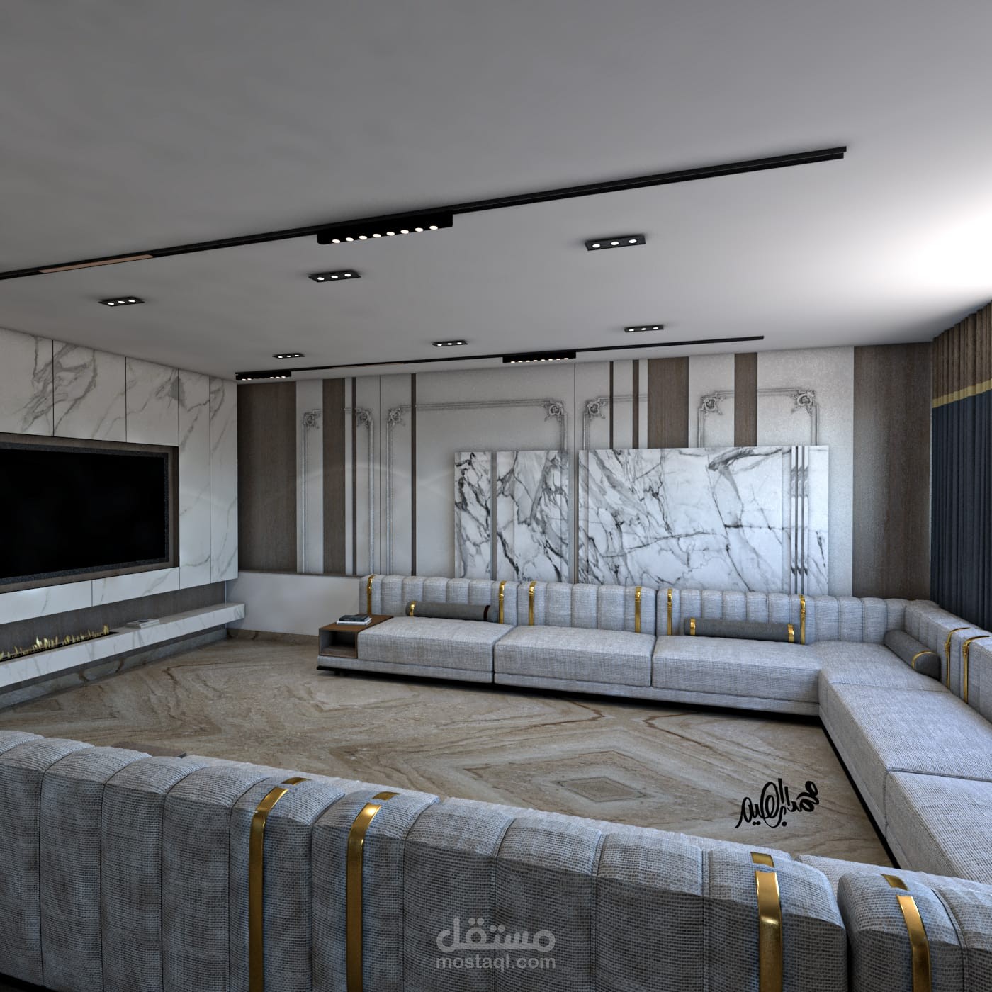 تصميم داخلي فاخر لمجلس رجال (طراز نيو كلاسيك عصري)