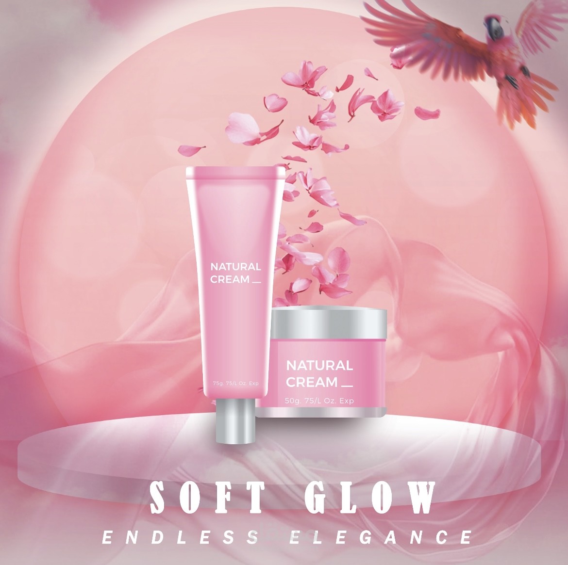 تصميم عصري وأنيق يعكس نعومة وإشراقة كريم Soft Glow، باستخدام ألوان هادئة وناعمة توحي بالترطيب والراحة، مع خطوط سلسة تضيف إحساس بالفخامة والنعومة، لإظهار المنتج بشكل جذاب وراقي على العين