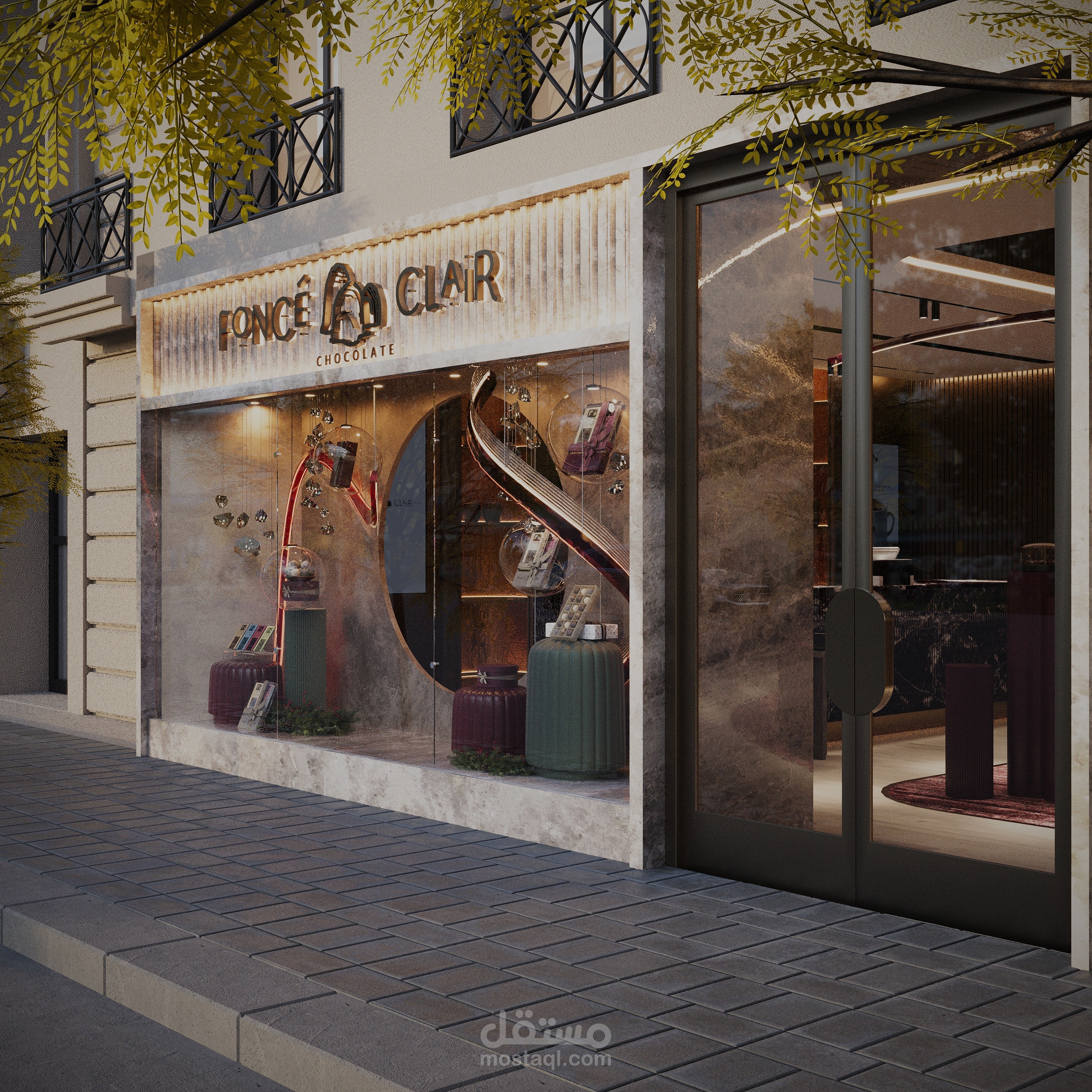 تصميم متجر شوكولاتة يشمل الواجهة والتصميم الداخلي