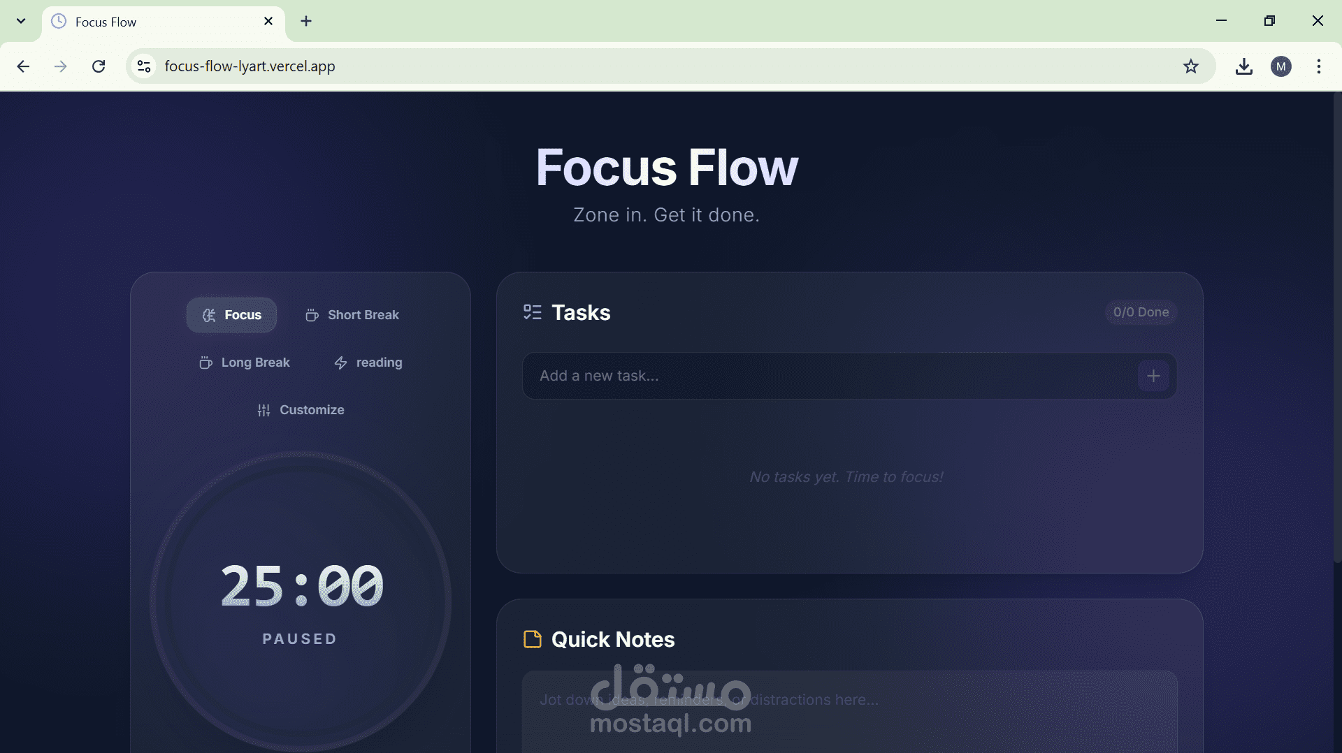 Focus Flow: تطبيق إنتاجية متكامل بنظام Next.js وواجهات Glassmorphism