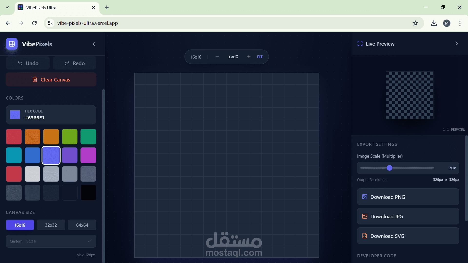 Vibe Pixels: استوديو رسم بيكسل تفاعلي متطور بـ Next.js و React