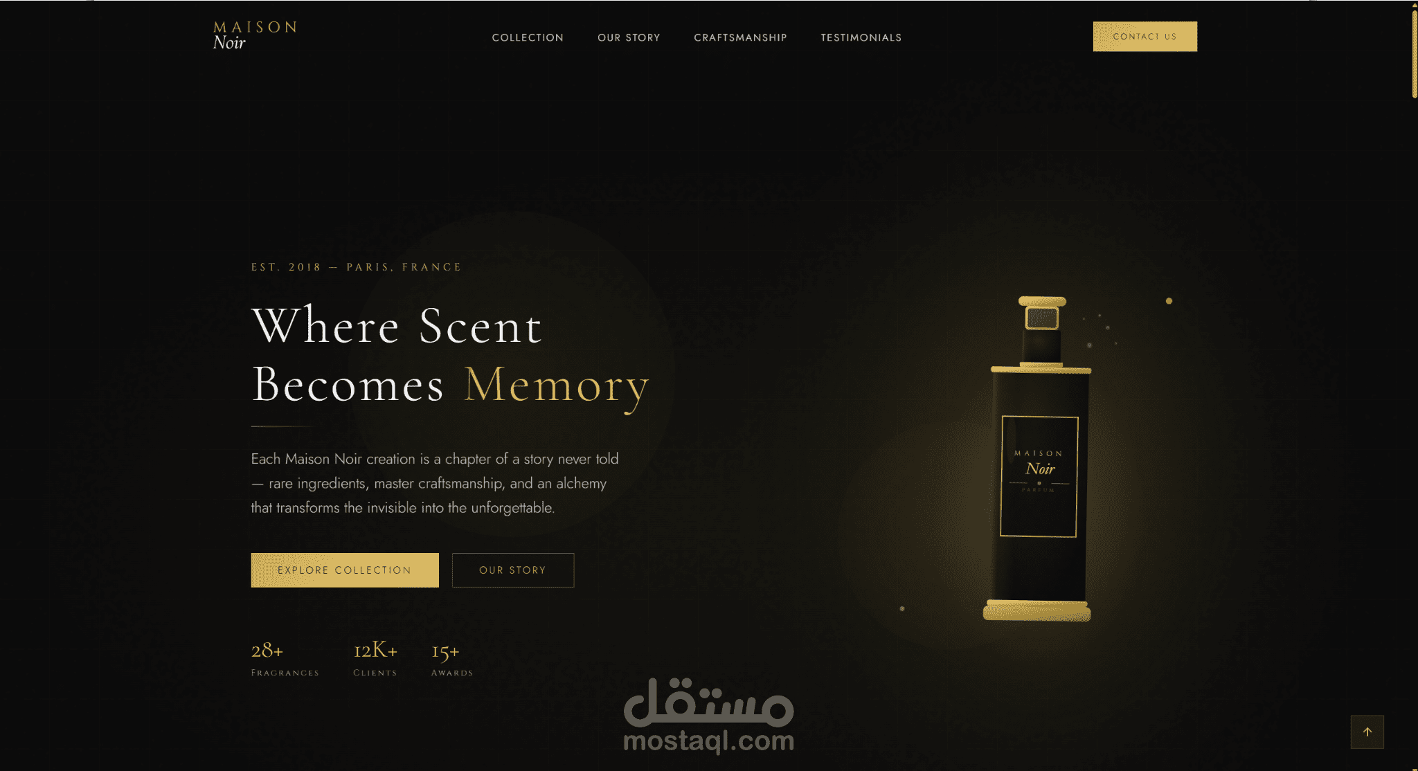 موقع عطور فاخر متكامل مبني بأحدث تقنيات الـ Frontend، يتميز بتصميم Dark Luxury بلوحة ألوان أسود وذهبي مع تجربة مستخدم سلسة واحترافية على جميع الأجهزة.