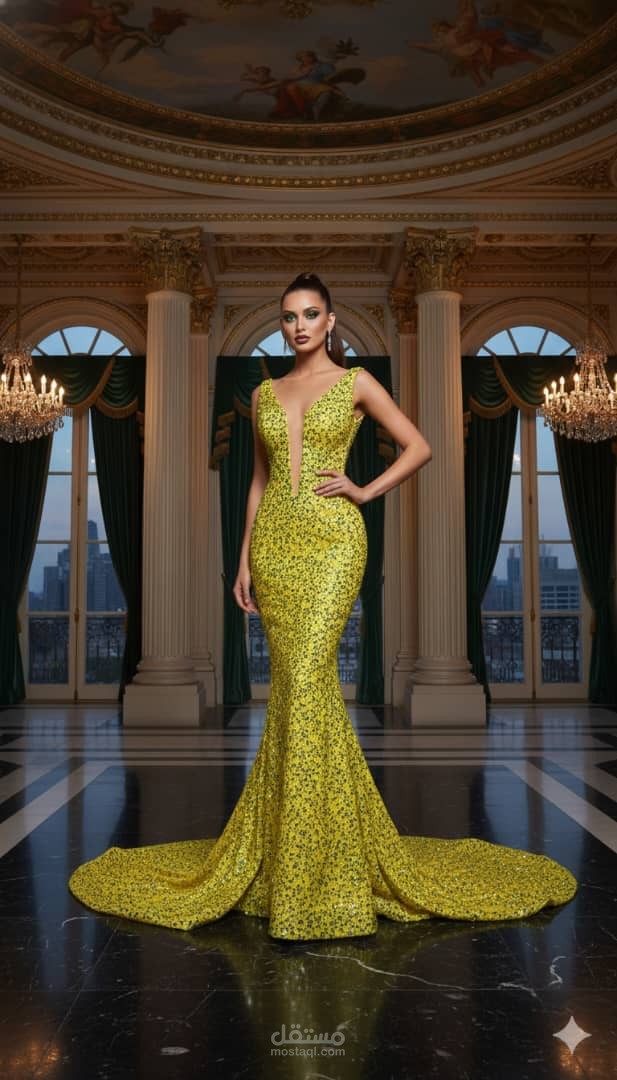 تصميم فستان "شمس الأناقة": دقة في التفاصيل الهندسية وجمالية التصميم الاستعراضي