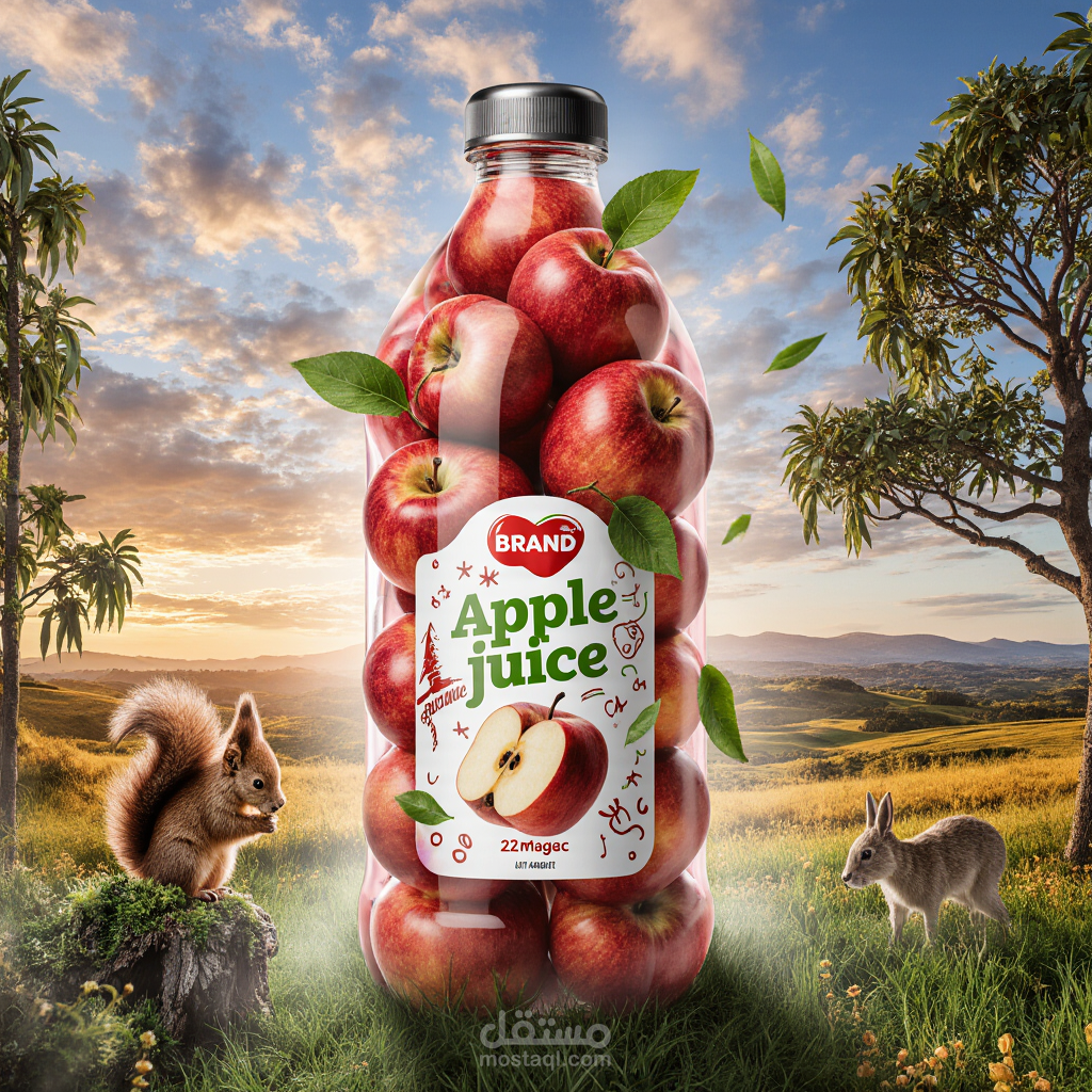 تصميم إعلان تجاري احترافي لعصير التفاح بأسلوب عصري