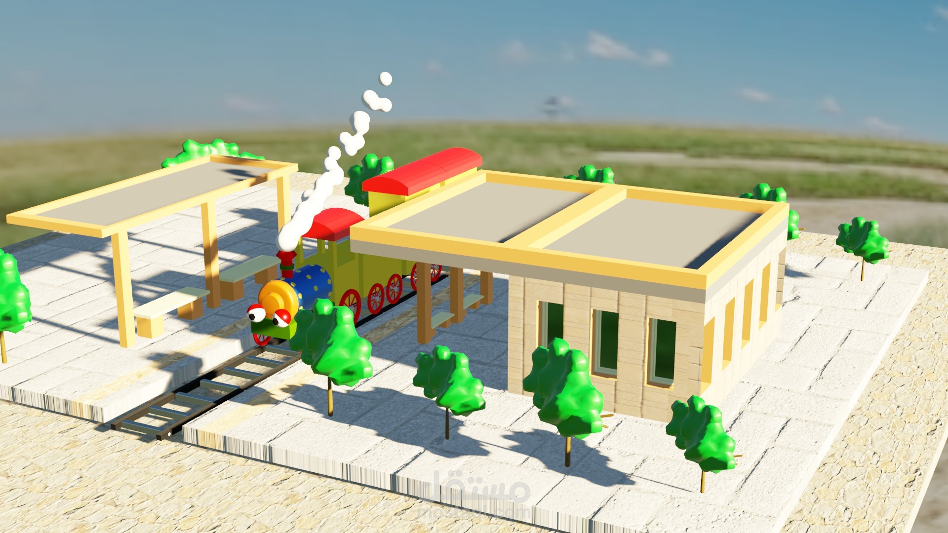 مشهد ثلاثي الأبعاد: محطة قطار باستخدام بلندر