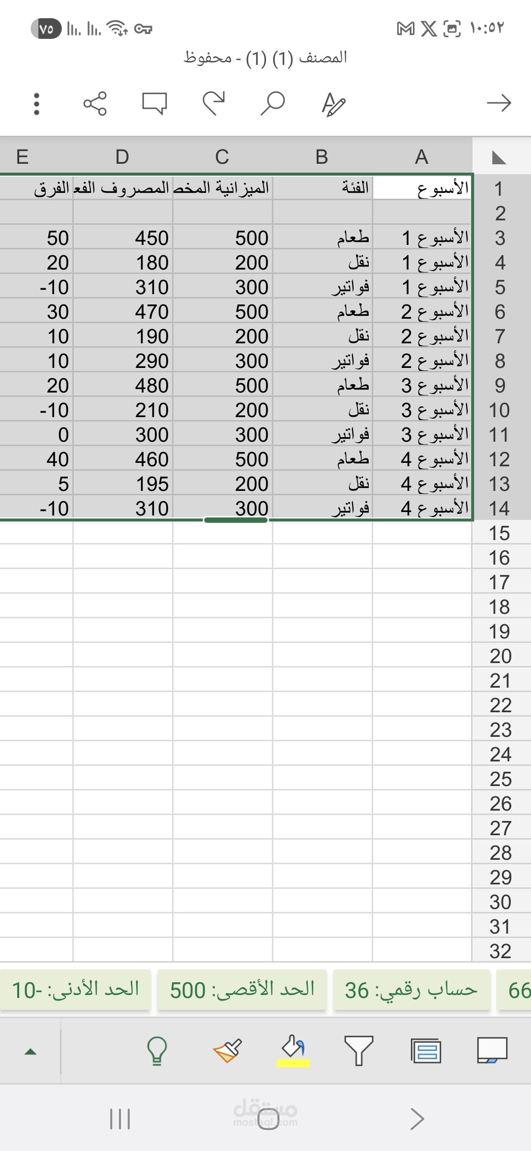 نموذج Excel لمتابعة الميزانية الاسبوعية