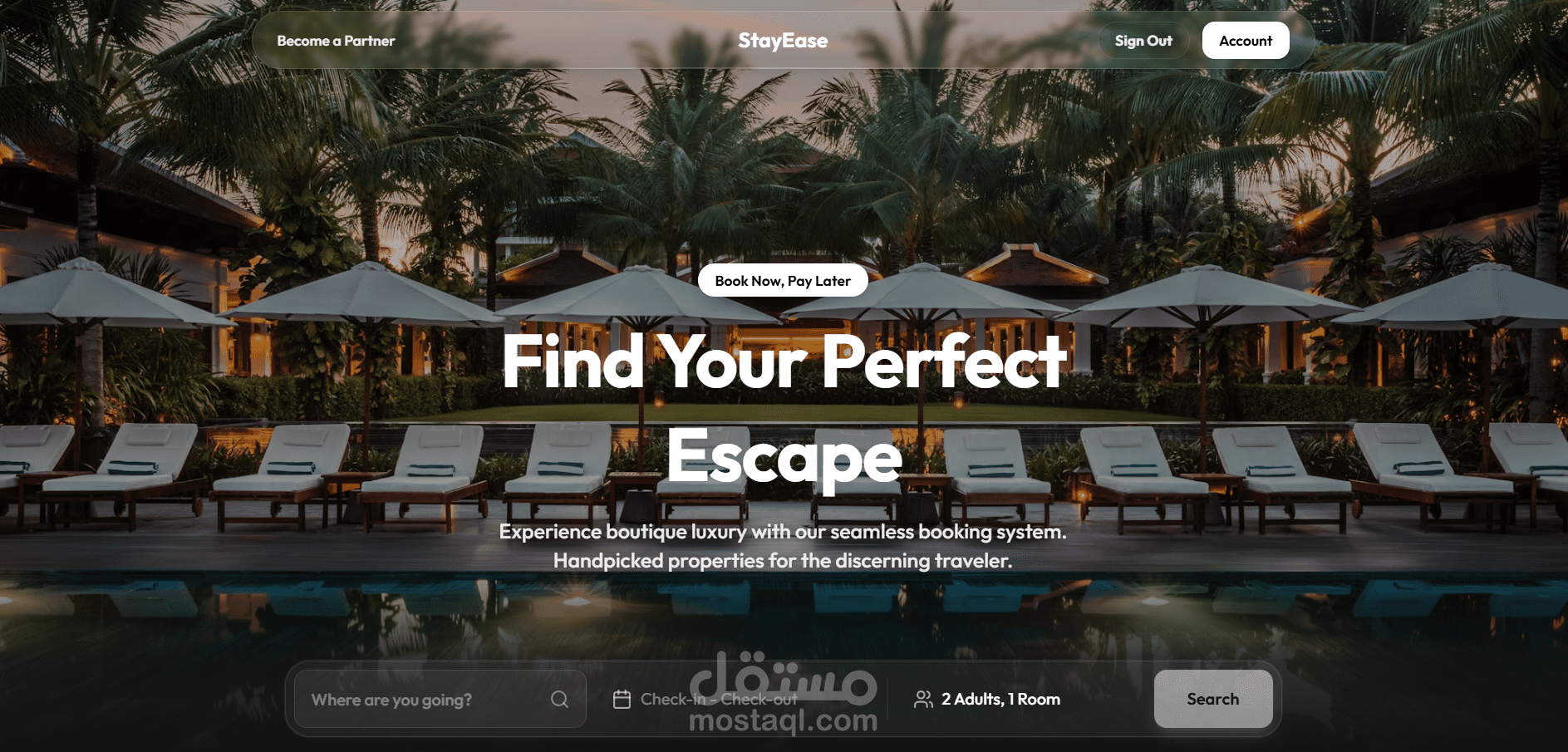 StayEase هي منصة حجز فنادق فاخرة ومتكاملة تم بناؤها باستخدام تقنيات الويب الحديثة. تجمع بين تصميم Liquid Glassmorphism الفاخر وBackend قوي لتقديم تجربة استثنائية لكل من المسافرين وشركاء الفنادق.