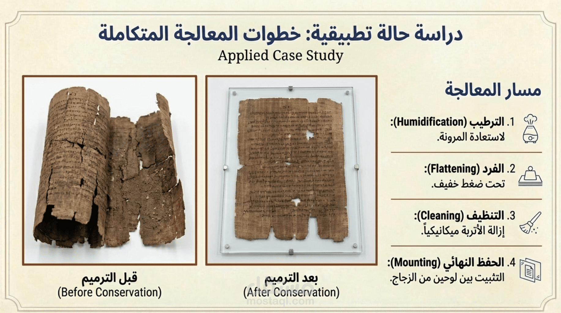 تصميم عرض PowerPoint احترافي لترميم المخطوطات والبرديات الأثرية