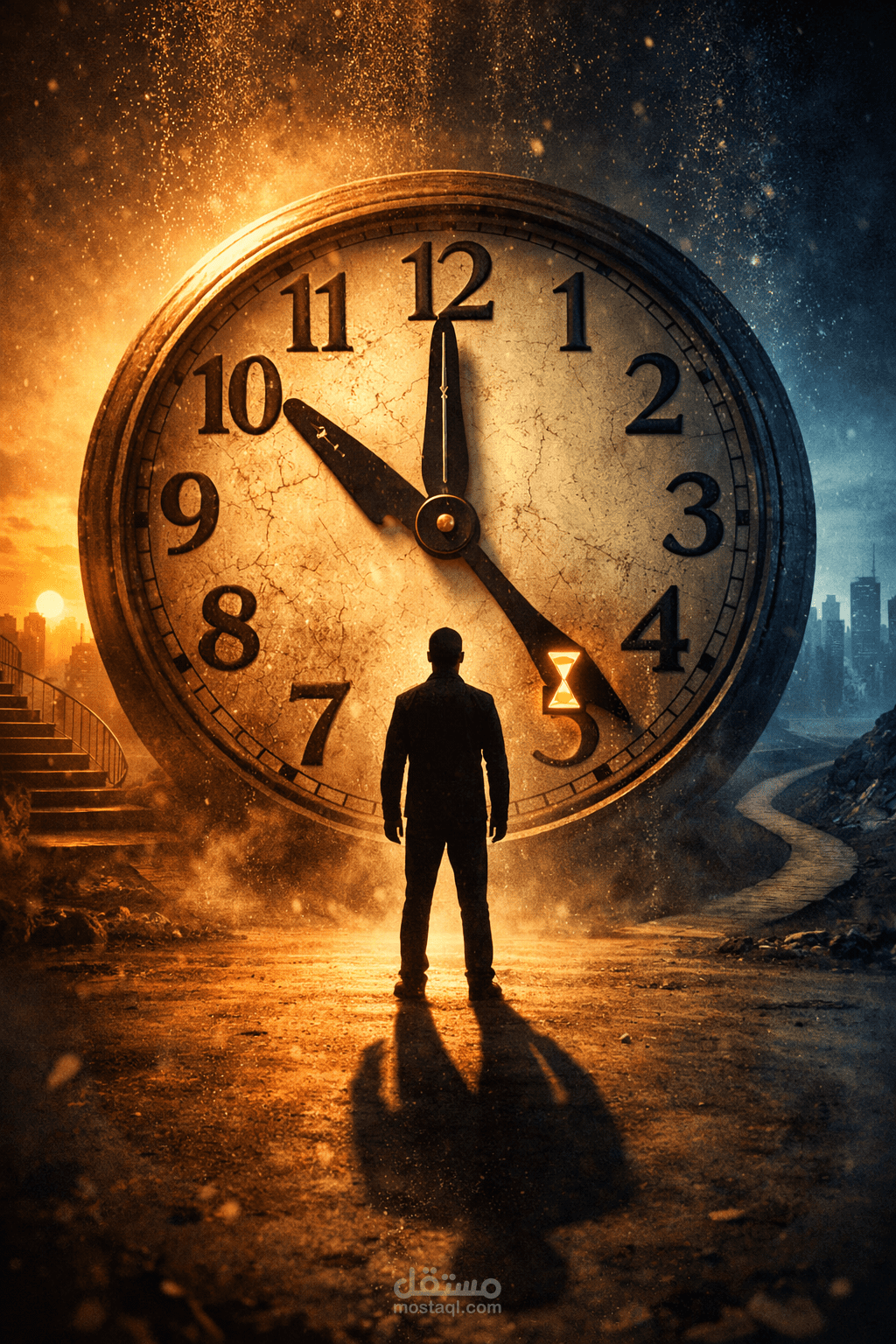 "تصميم بصري إبداعي: مفترق الطرق والساعة + دراجة نارية وراكب"