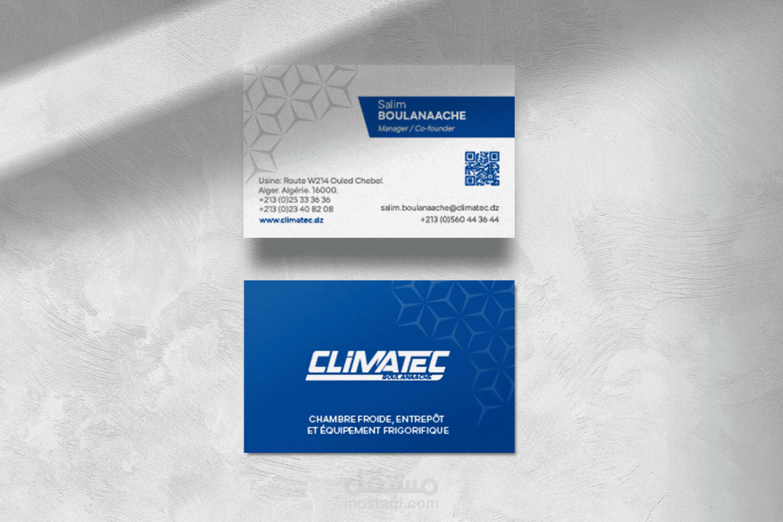صميم بطاقة أعمال احترافية لشركة Climatec تعكس هويتها البصرية بأسلوب أنيق وواضح.
