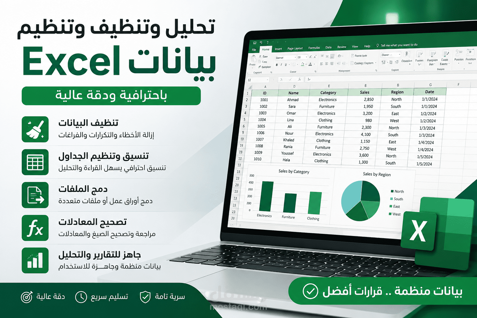 سأقوم بتنظيم وتحليل وتنسيق بيانات Excel بشكل احترافي