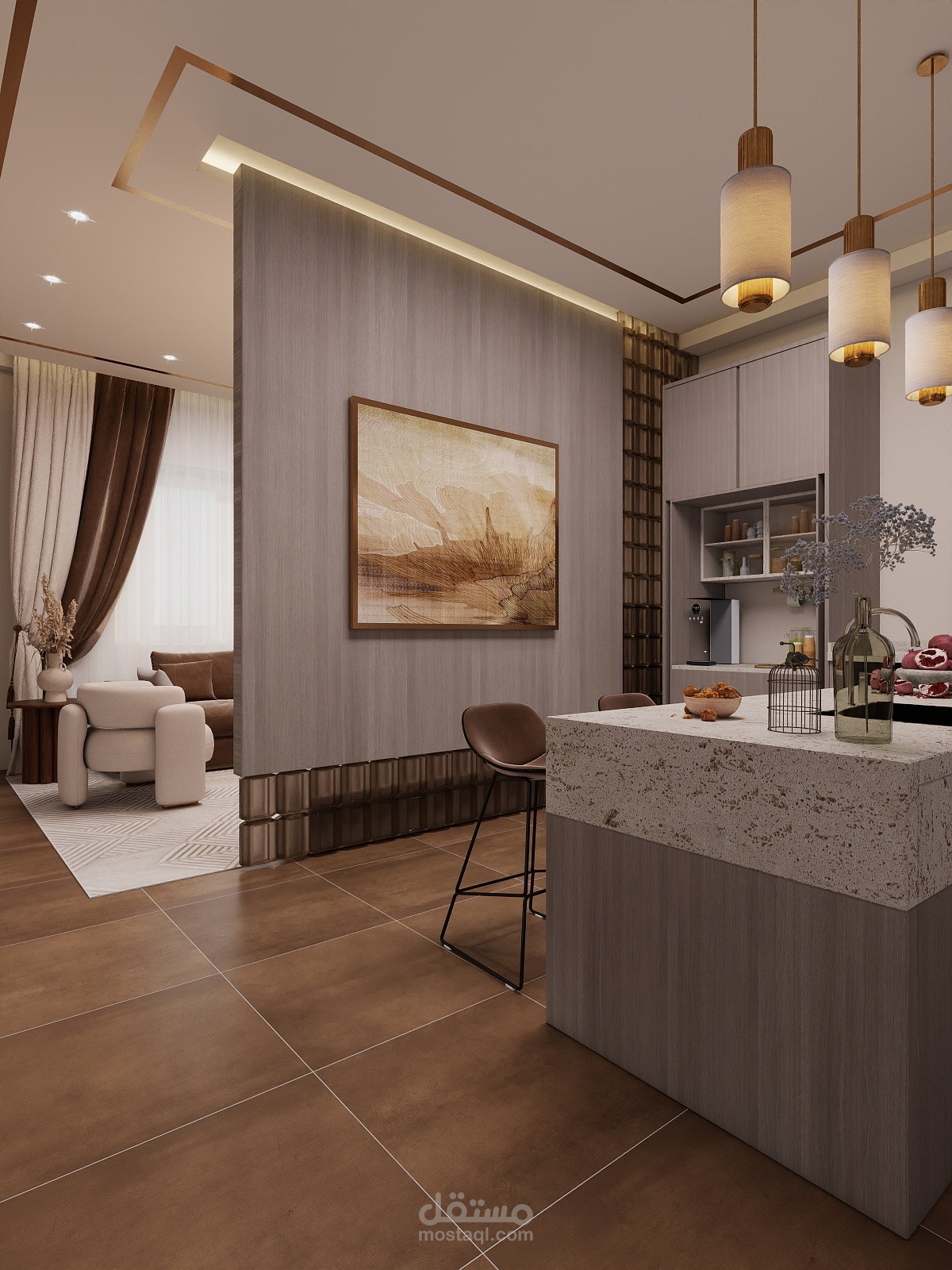 تصميم داخلي 3d لغرفة جلوس عصرية مع مطبخ خدمة يحقق الراحة والاناقة
