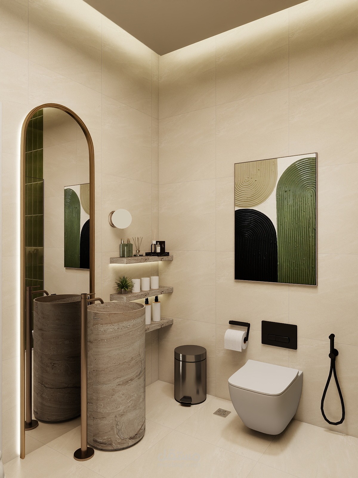 تصميم داخلي 3d لحمام عصري يجمع بين الاناقة والعملية