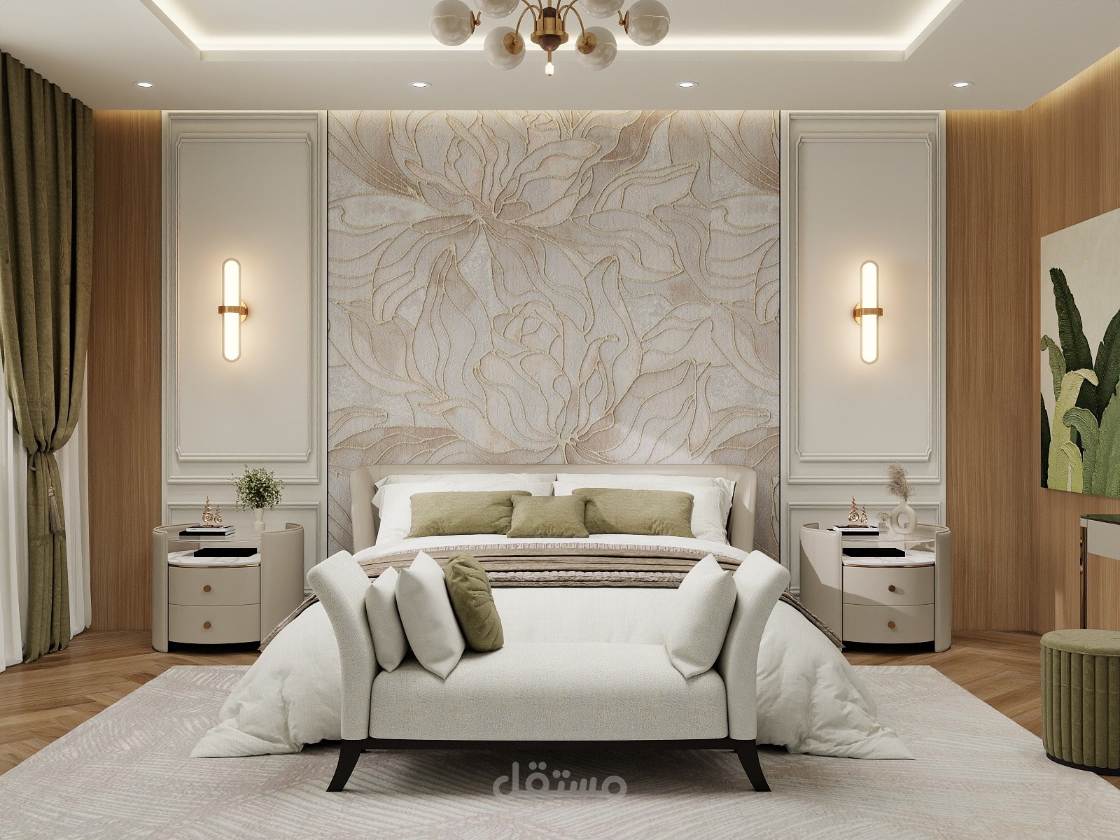 تصميم داخلي 3d لغرفةنوم رئسية تحقق الراحة والاناقة بلمسات من اللون الاخضر