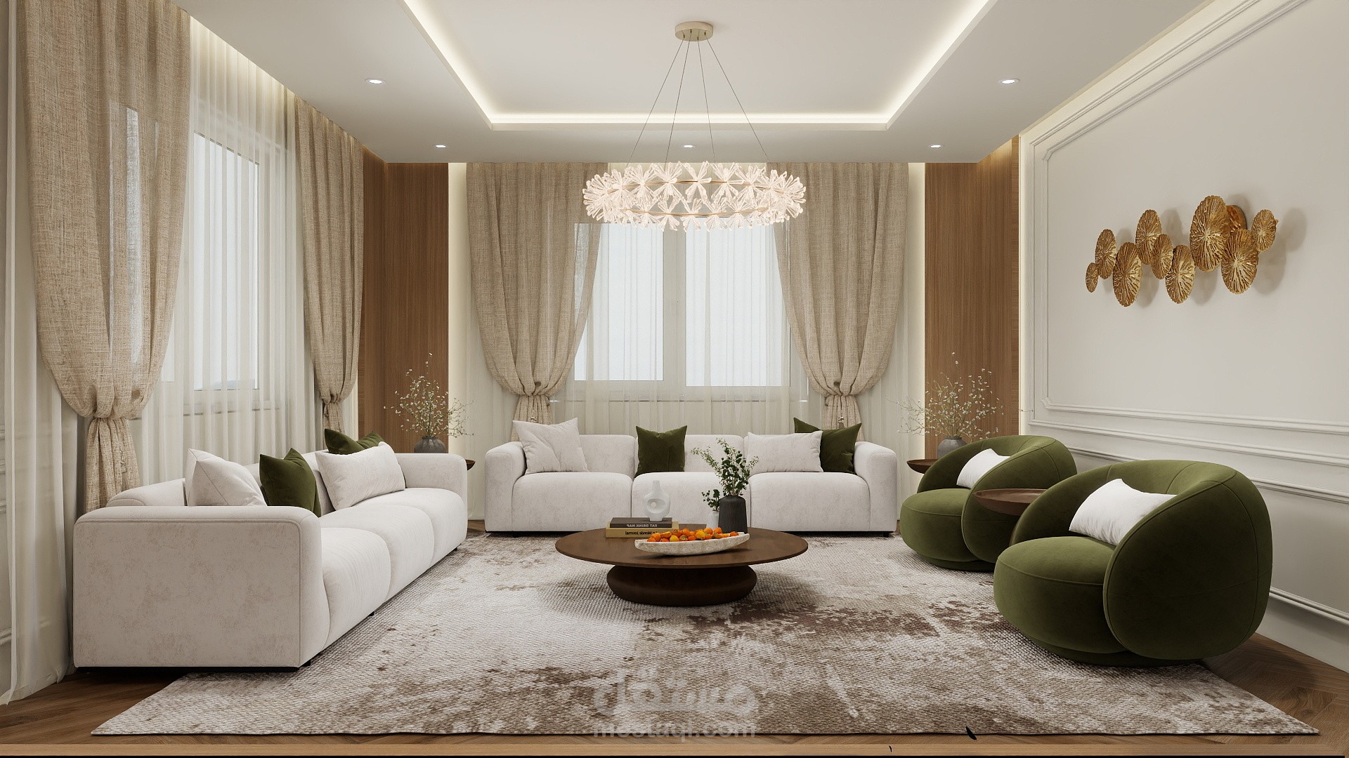 تصميم داخلي 3d لغرفة استقبال بتفاصيل بلون الاخضر