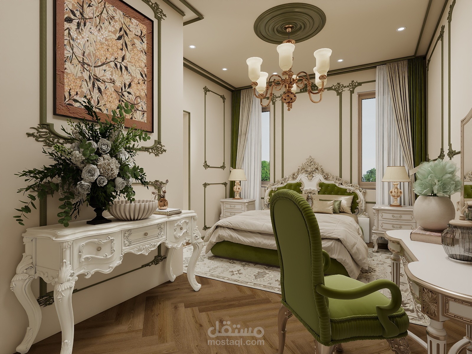 تصميم داخلي ثلاثي الأبعاد (3D)لغرفة نوم رئيسية كلاسيك بلون الاخضر المريح