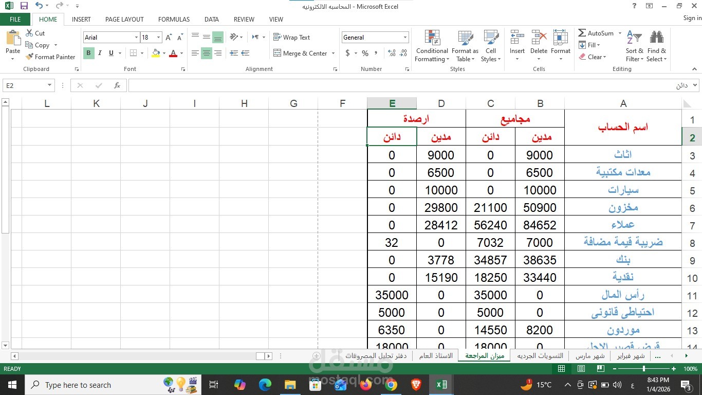 إعداد ميزان المراجعة بالمجاميع والأرصدة ​الوصف: استخراج ومراجعة ميزان المراجعة للتأكد من توازن الحسابات (أصول، خصوم، ملكية)، ومطابقة أرصدة العملاء والموردين والنقدية قبل البدء في إعداد القوائم المالية الختامية.