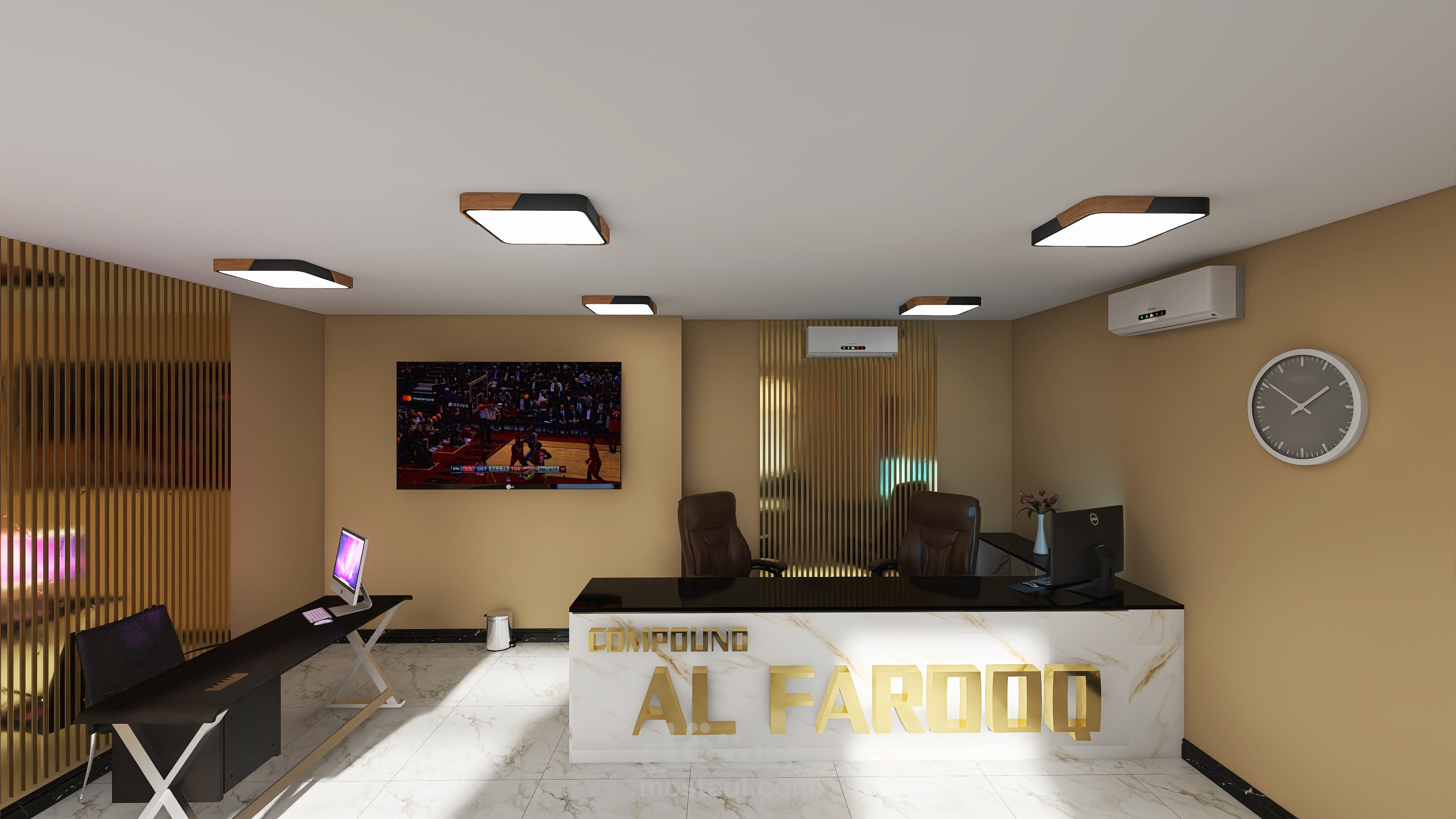 قمت بتصميم وتنفيذ مساحات عمل إدارية متكاملة ومنطقة استقبال راقية لمجمع الفاروق السكني في الجبيل، بهدف إنشاء بيئة عمل احترافية تعكس هوية المجمع السكني الفاخر وتوفر كفاءة تشغيلية عالية لإدارة المجمع.