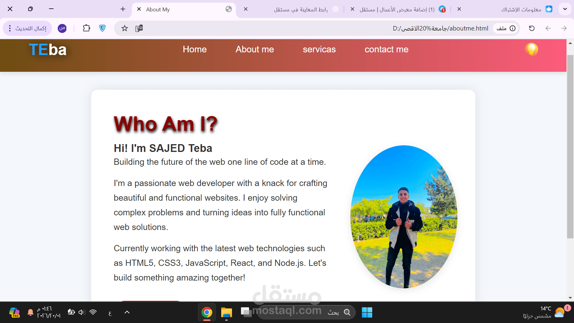 صفحة عرض المهارات ضمن موقع بورتفوليو