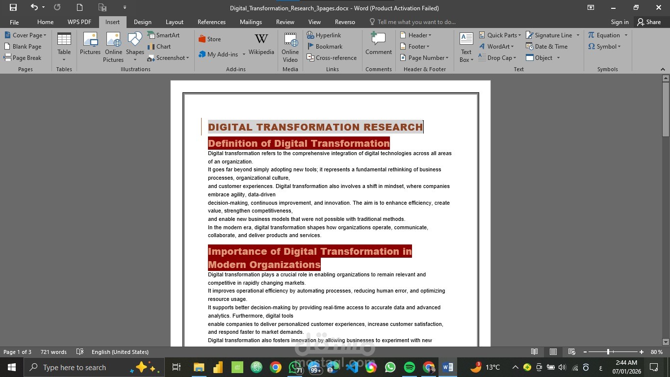تنسيق وإعداد بحث احترافي حول Digital Transformation باستخدام Microsoft Word