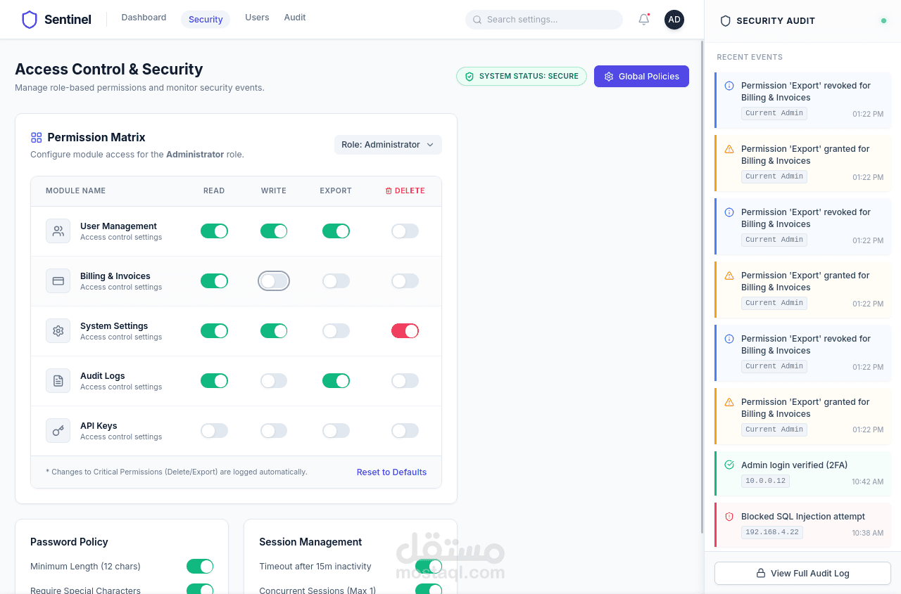 لوحة تحكم إدارية مؤمنة بنظام صلاحيات متقدم Secured Admin Dashboard