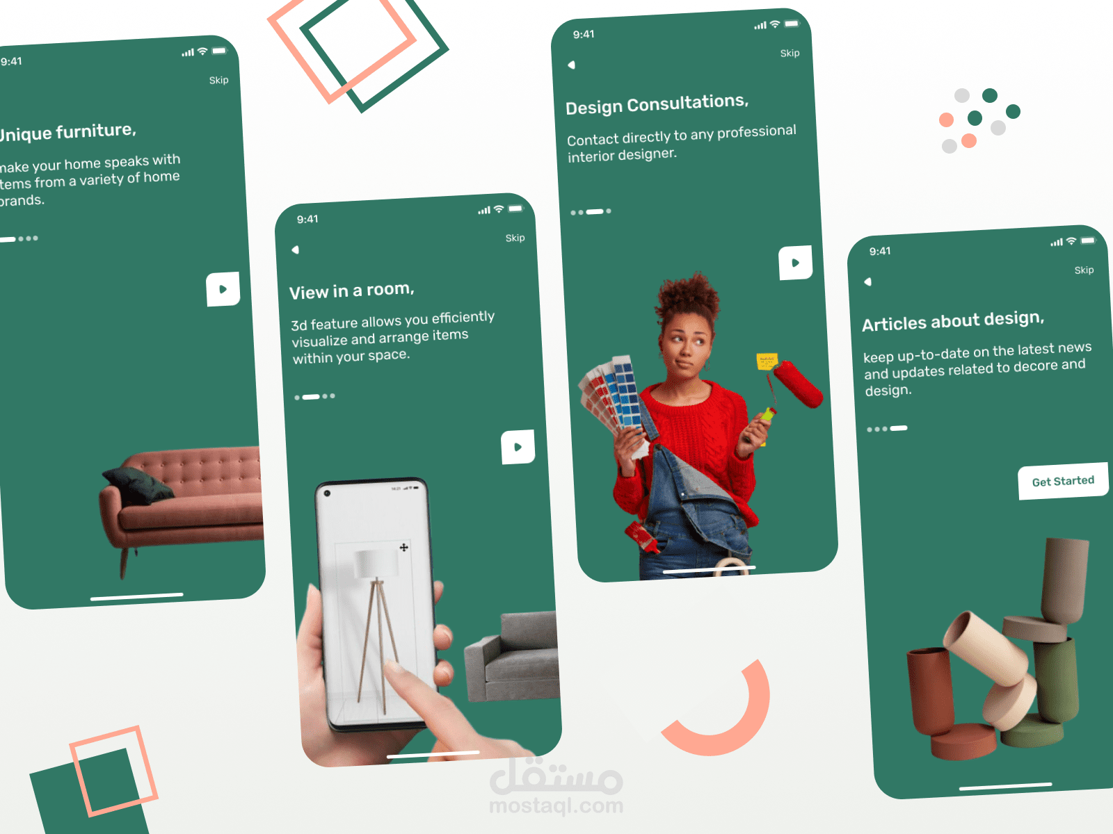 شاشات Onboarding لتطبيق لبيع الأثاث و للديكور الداخلي