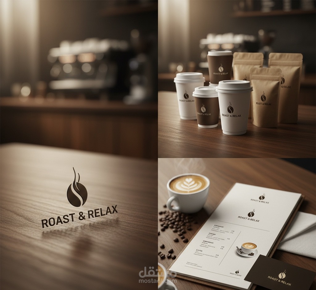 تصميم هوية بصرية كاملة لكافيه "Roast & Relax" (لوجو + منيو + موك آب).
