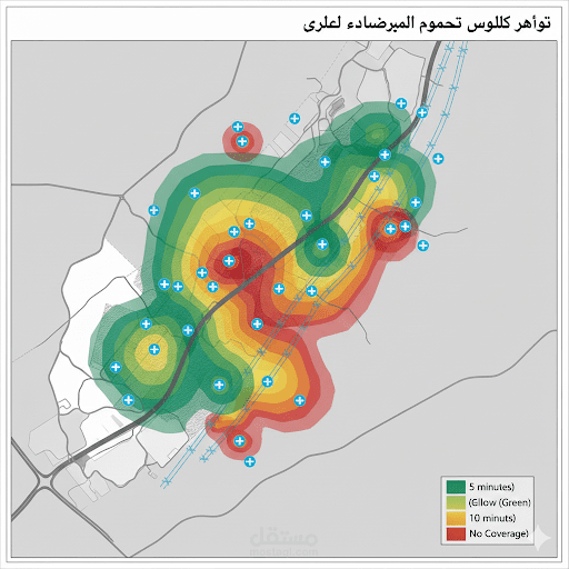 تقييم الوصول المكاني للمستشفيات وتحليل النطاق الزمني للإسعاف (Service Area Analysis).