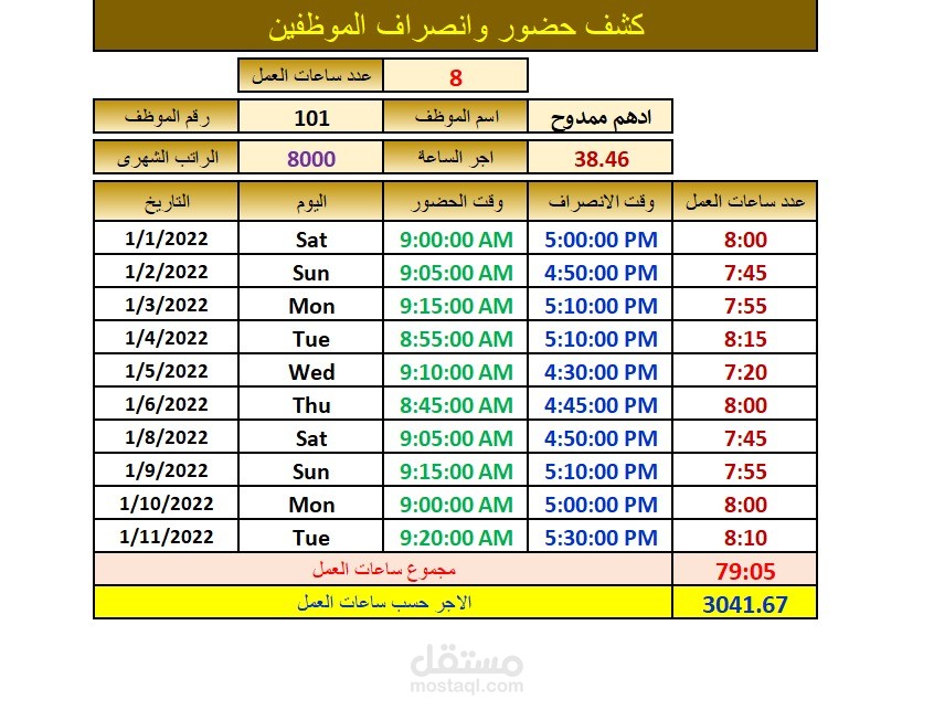 شيت حضور و انصراف الموظفين وحساب الراتب