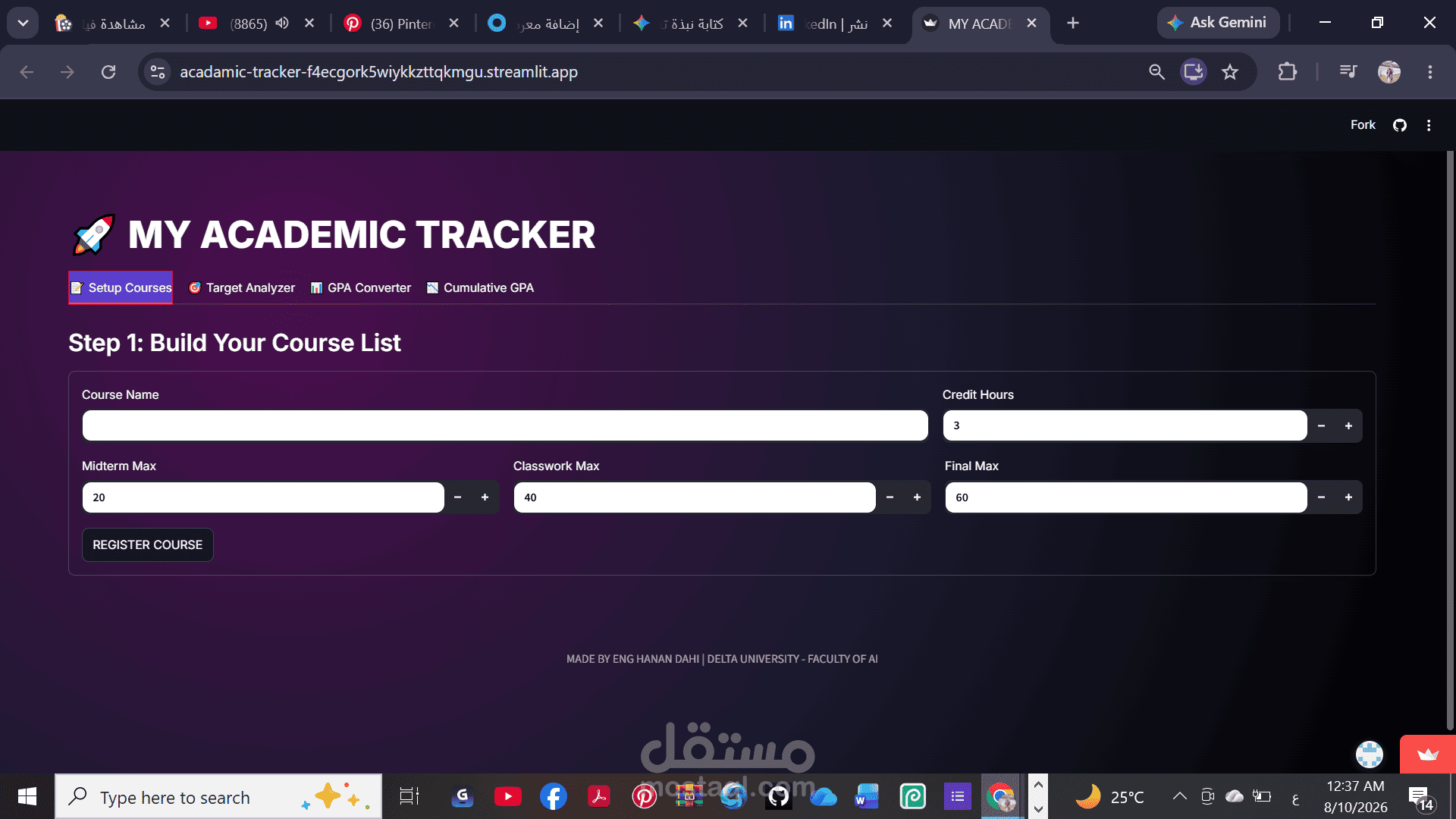 MY ACADEMIC TRACKER: تطبيق ويب بـ (Python & Streamlit) لحساب المعدل التراكمي وتتبع الأهداف الأكاديمية.
