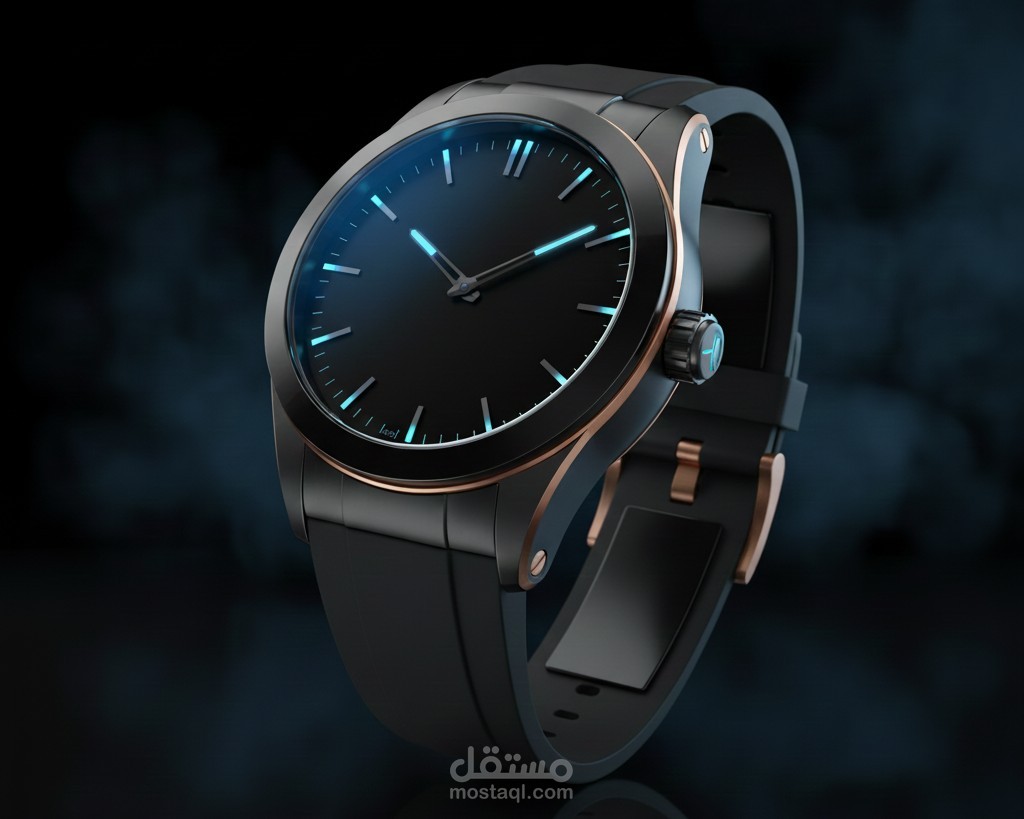 تصميم ساعة يد مستقبلية فاخرة (Matte Black & Cyan Neon Edition)