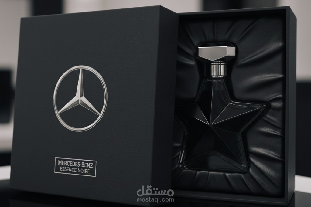 تصميم هوية بصرية وصور منتجات واقعية لعطر فاخر باستخدام الذكاء الاصطناعي.