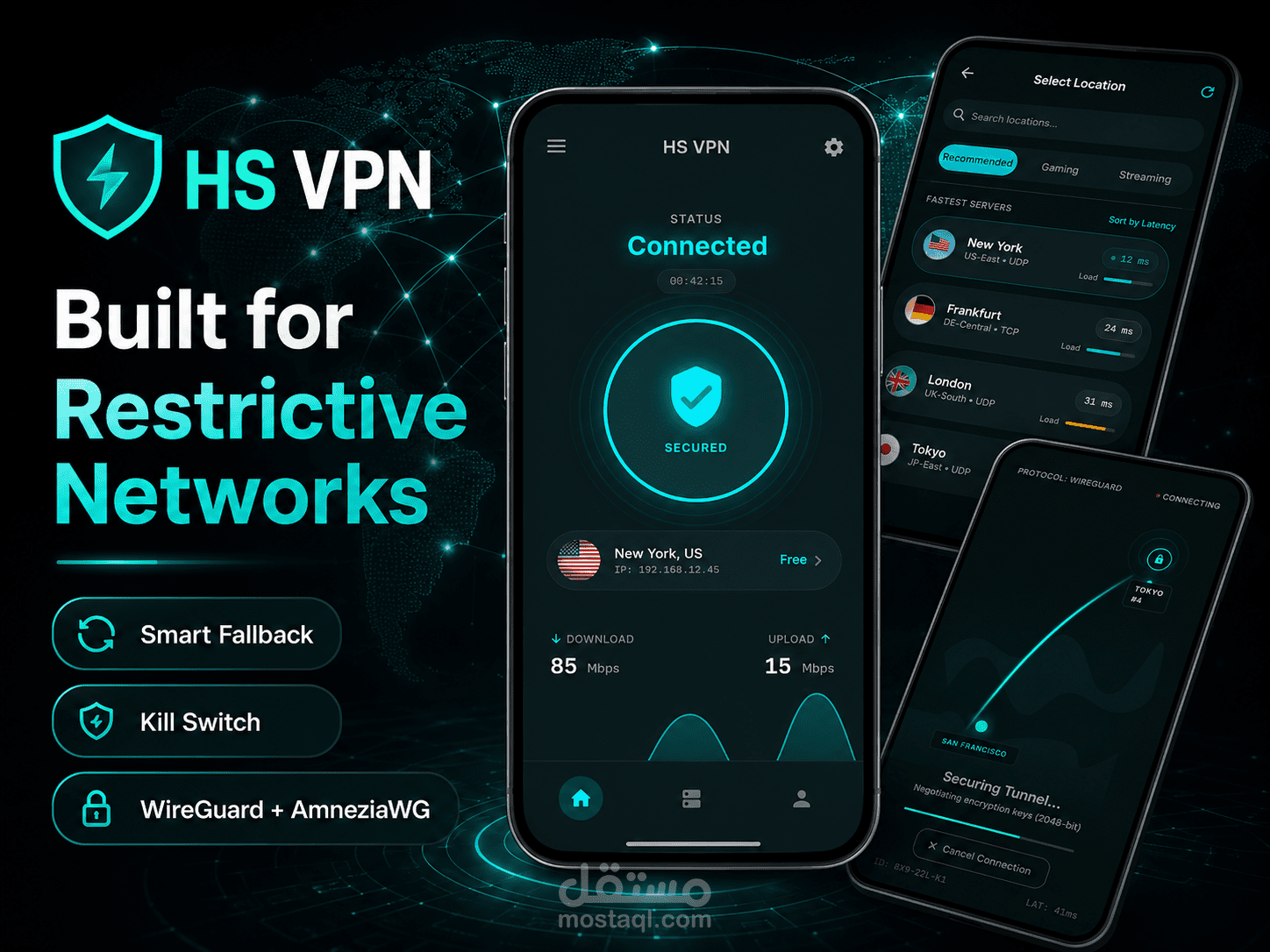 HS VPN — تطبيق VPN احترافي مبني بـ Flutter مع WireGuard و AmneziaWG ونظام Smart Fallback للشبكات المقيدة