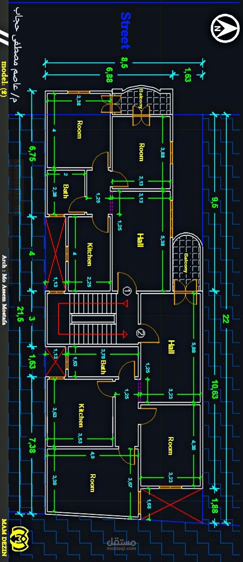 مخطط مبنى سكنى منقسم لشقتين فى الدور الواحد ( ١٨٥ م٢ )