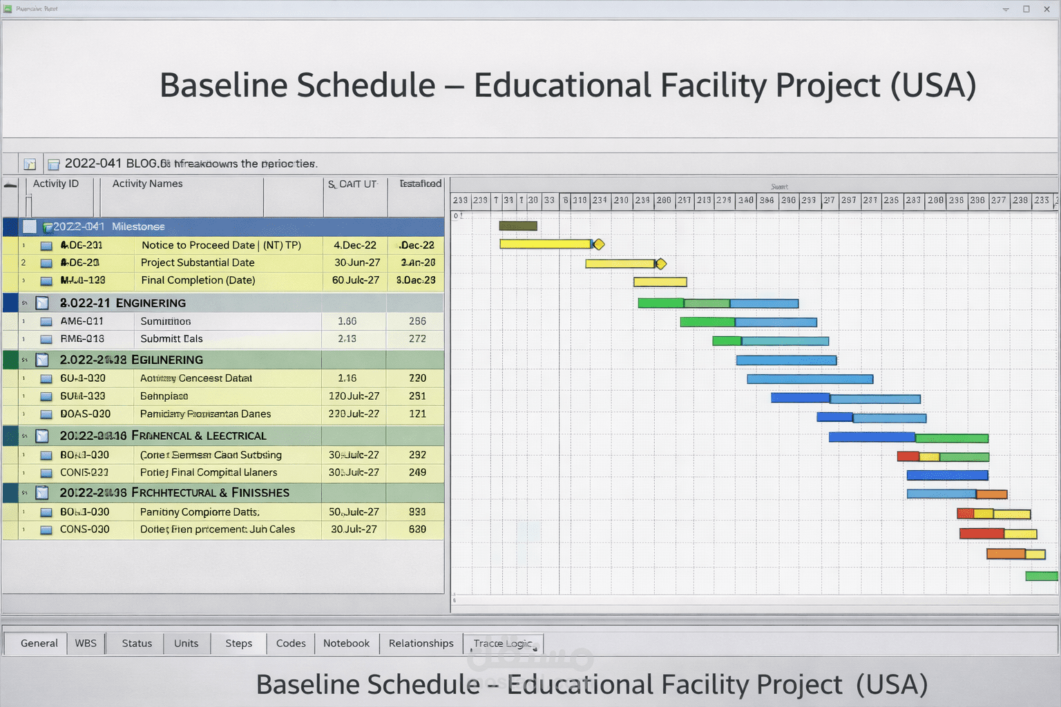 إعداد Baseline Schedule وNarrative Report باستخدام Primavera P6 – مشروع تعليمي (الولايات المتحدة)