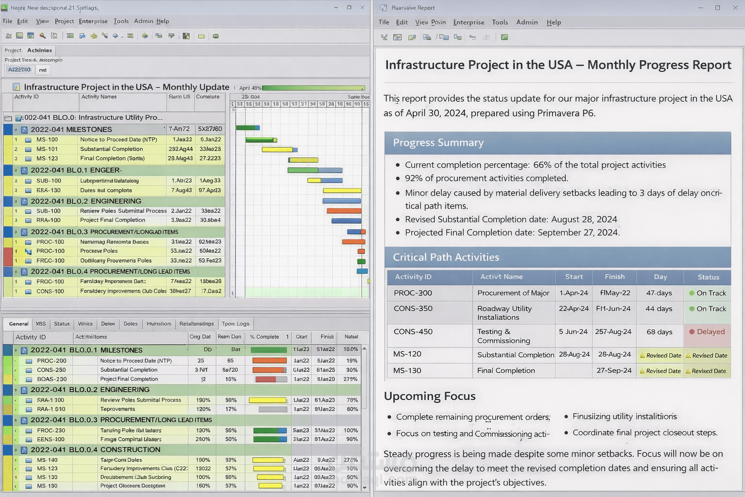 إعداد وتحديث شهري للجدول الزمني باستخدام Primavera P6 – مشروع بنية تحتية (الولايات المتحدة)