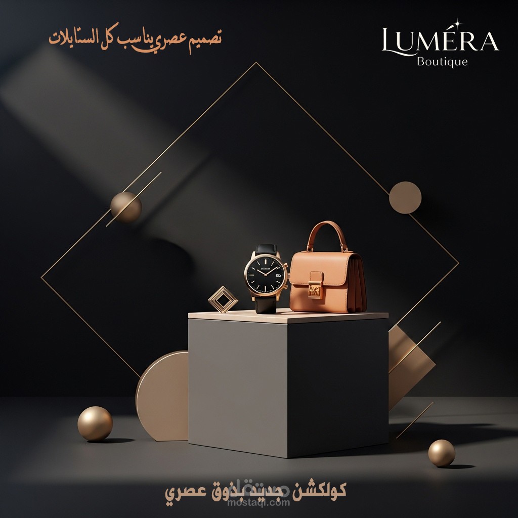 تصميم لمنتج شنطة وساعة لمتجر LUMERA Boutique