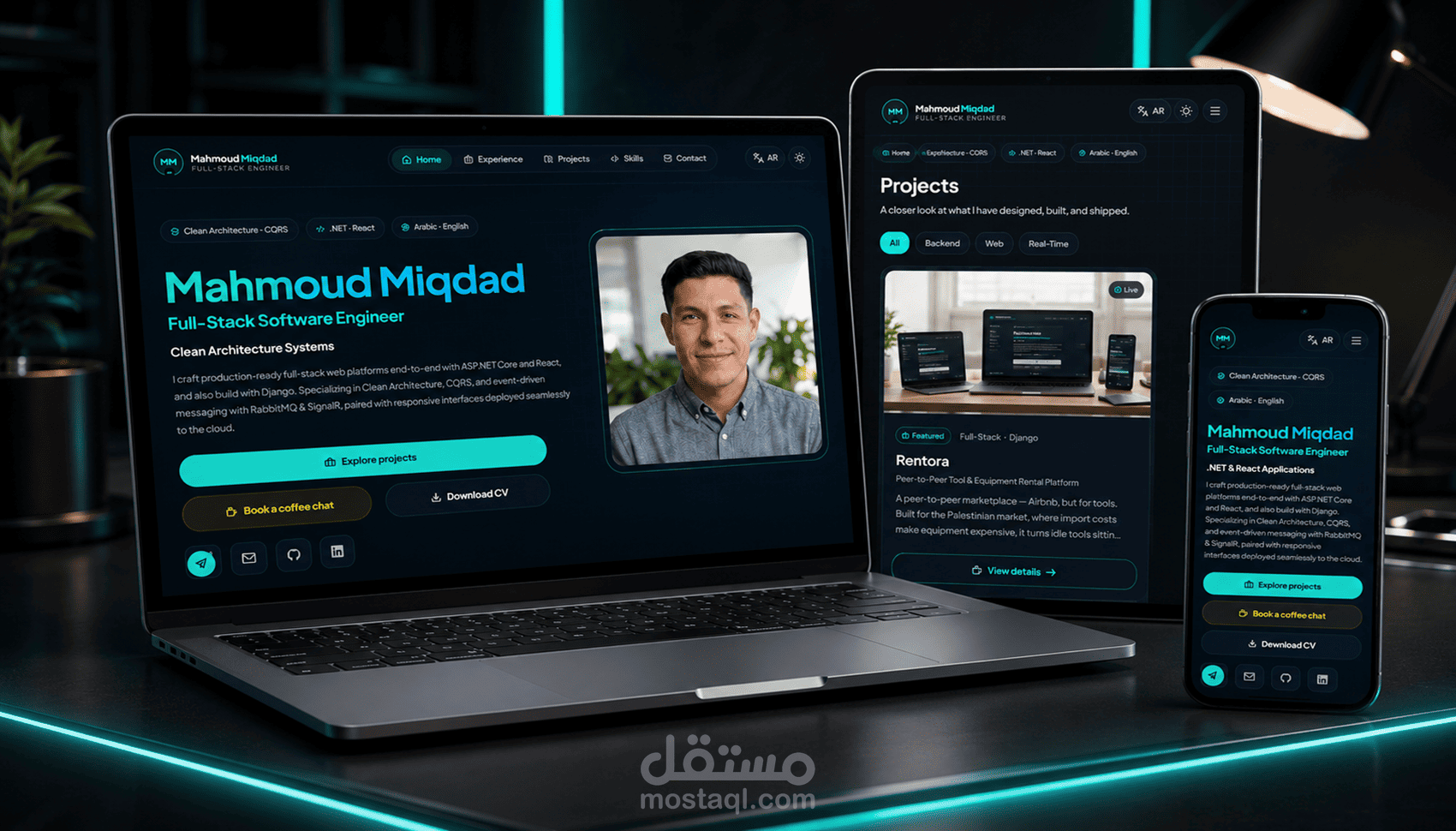 تطوير موقع شخصي احترافي وثنائي اللغة (عربي/إنجليزي) متجاوب بـ React و Tailwind