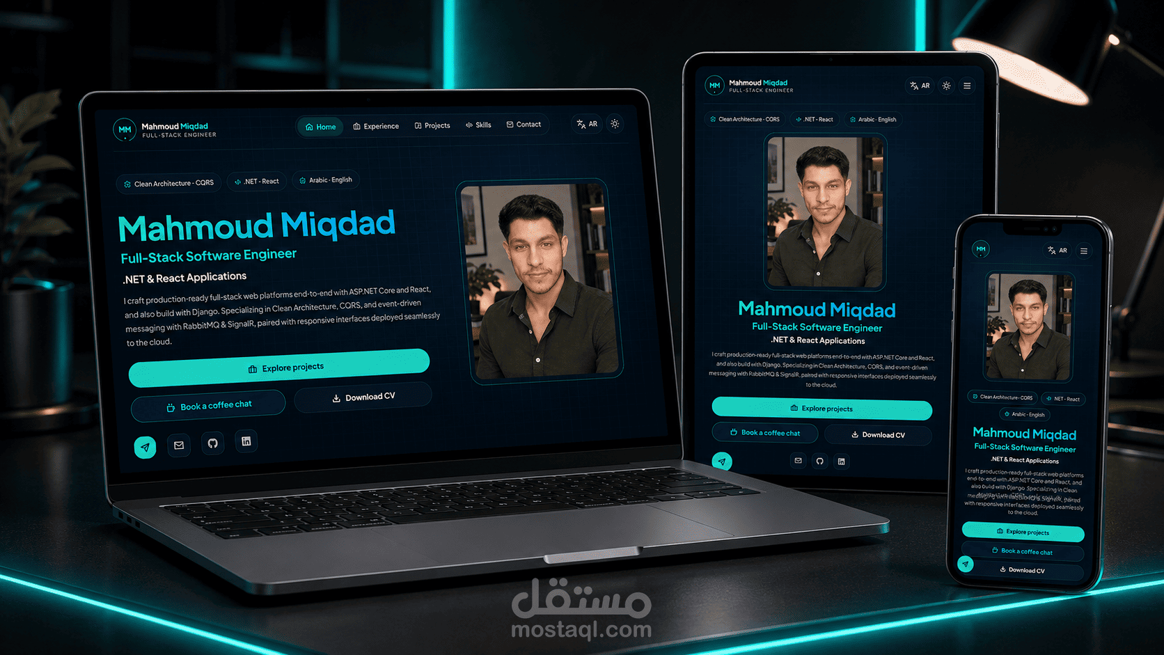 تطوير موقع شخصي احترافي وثنائي اللغة (عربي/إنجليزي) متجاوب بـ React و Tailwind