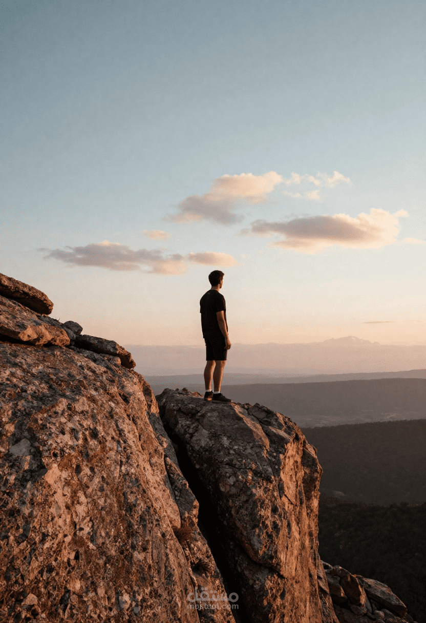 شخص يقف علي حافة جبل في وقت الغروب
