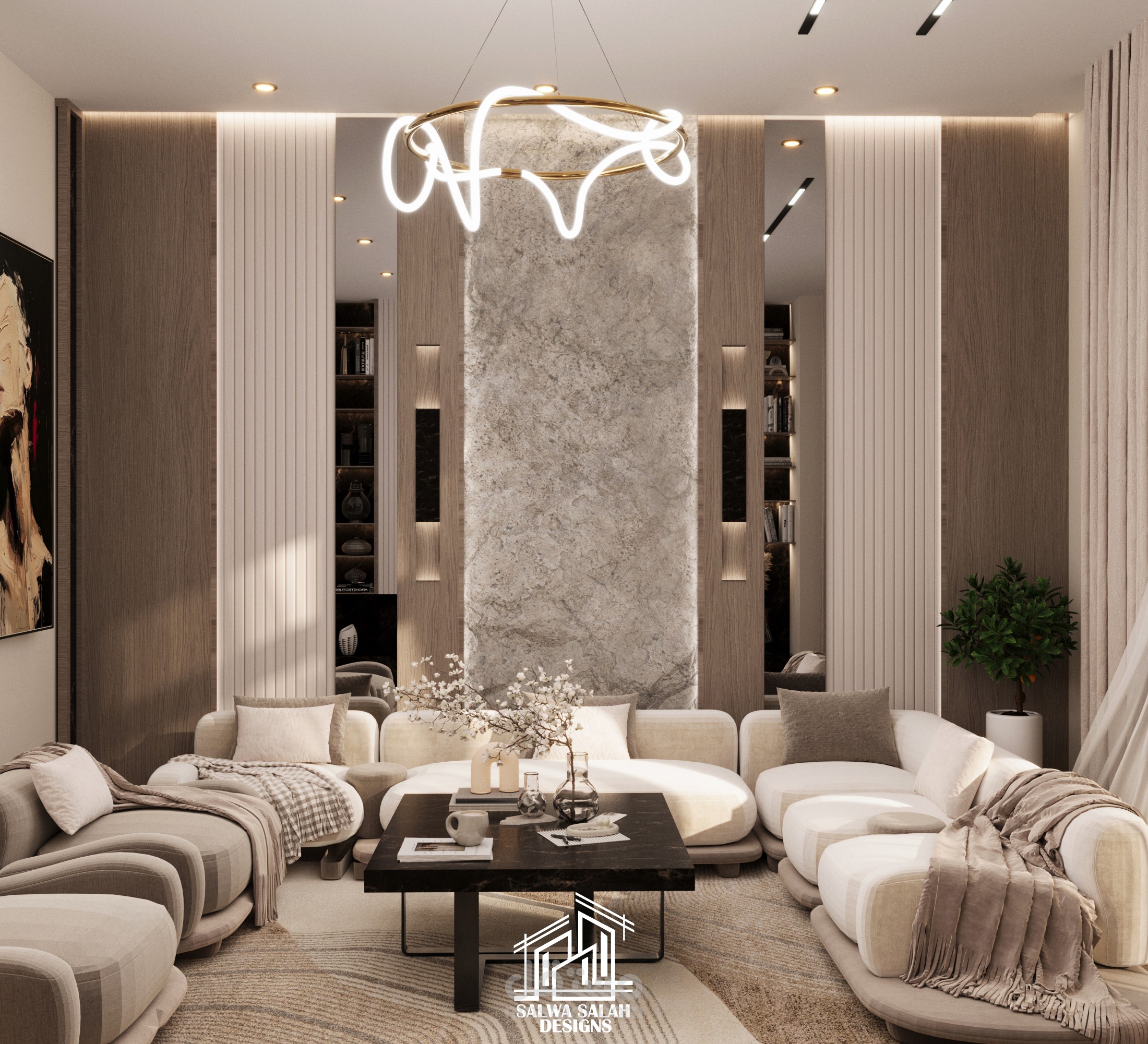 تصميم داخلي عصري لمنطقة المعيشة والسفرة لشقة سكنية.