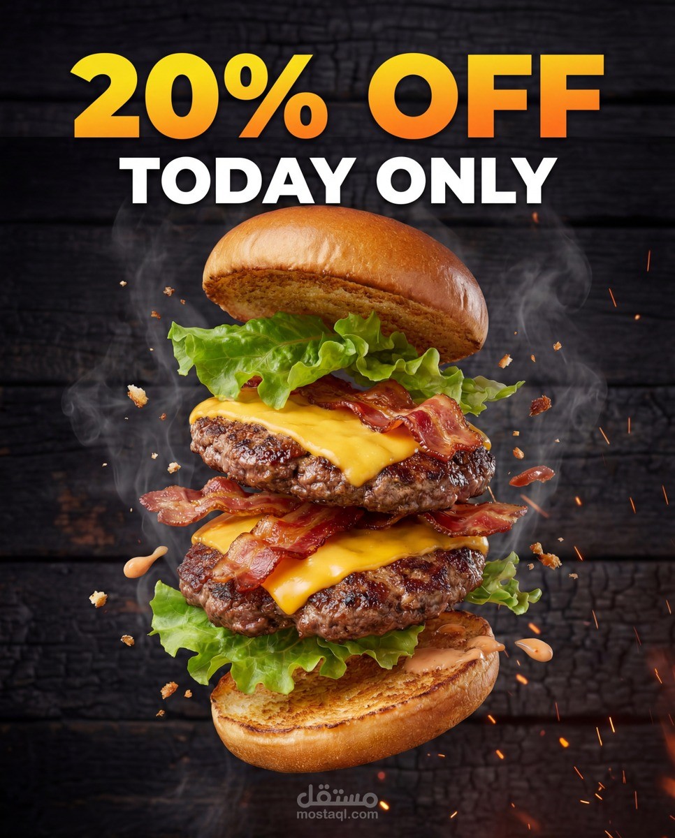 تصميم إعلان سوشيال ميديا إبداعي لمطعم وجبات سريعة (Gourmet Burger).